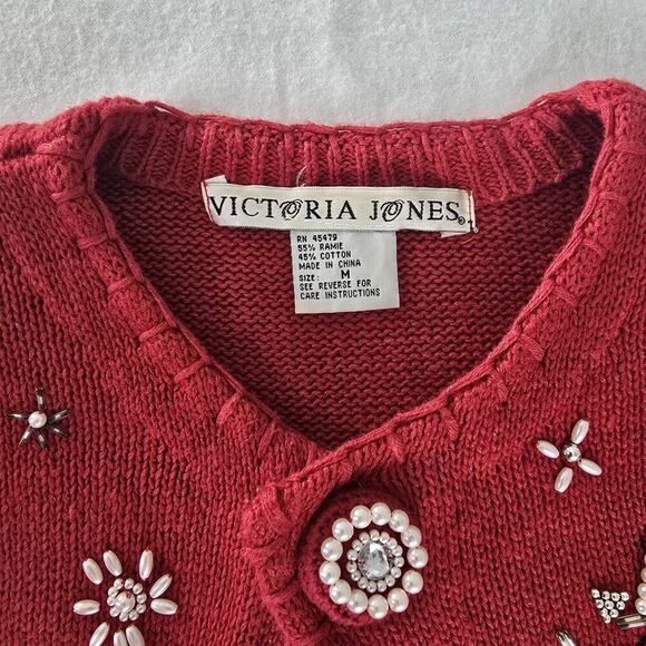 Victoria‎ Jones VTG Christmas Red Cardigan Medium Elegant Beaded Pearls Snowman - Picture 5 of 10